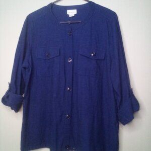 Liz Claiborne Blouse Shirt L Women Button Up Long Roll Tab Sleeve Pockets Blue